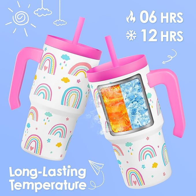 Rainbow Tumbler 20oz with Handle and Silicone Straw Lid for Kid, Insulated Stainless Steel Cup, Gift for Kids Girls, Gifts Idea for Birthday Christmas Back to School - Bloomnest