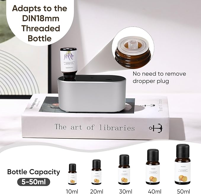 Waterless Diffuser for Essential Oil, Battery Operated Scent Air Aromatherapy Diffuser, Mini Aroma Diffusers with 3 Intermittent Mist Modes, Cycle Start for Home Office Bedroom - Silver - Bloomnest