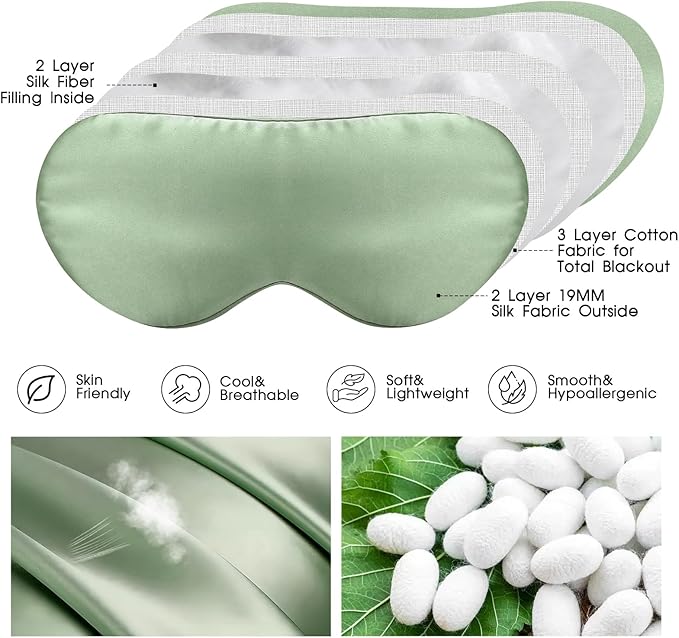 100% Mulberry Silk Eye Mask for Sleeping with Silk Wrapped Adjustable Strap,Sage Green - Bloomnest