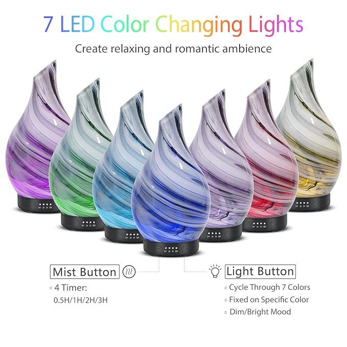 Essential Oil Diffuser 120ml Ultrasonic Aromatherapy Diffuser with Handmade Glass with Auto Shut-Off Protection 4 Timer Setting 7 Colors Changed LED Diffuser for Home Yoga Office Gifts for Women - Bloomnest
