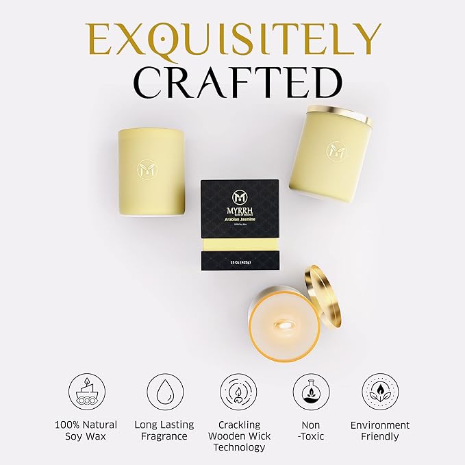 MyrrhUSA Arabian Jasmine Scented Candle – 15oz Natural Soy Wax with Crackling Wooden Wick & Essential Oil | 80 Hour Burn | Luxury Aromatherapy Candle for Relaxation, Home Décor, Living Room & Bathroom - Bloomnest