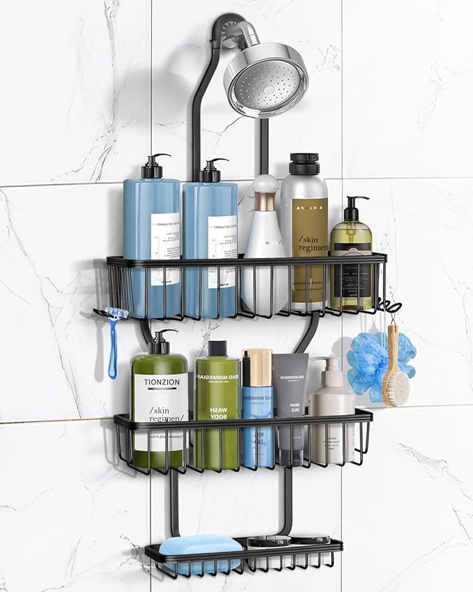 Shower Caddy Hanging - Never Rust Shower Hanging Organizer - Aluminum Over the ShowerHead Caddy with Soap Basket and 6 Hooks for Razor/Sponge (Black) - Bloomnest