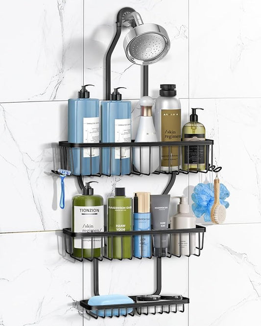 Shower Caddy Hanging - Never Rust Shower Hanging Organizer - Aluminum Over the ShowerHead Caddy with Soap Basket and 6 Hooks for Razor/Sponge (Black) - Bloomnest