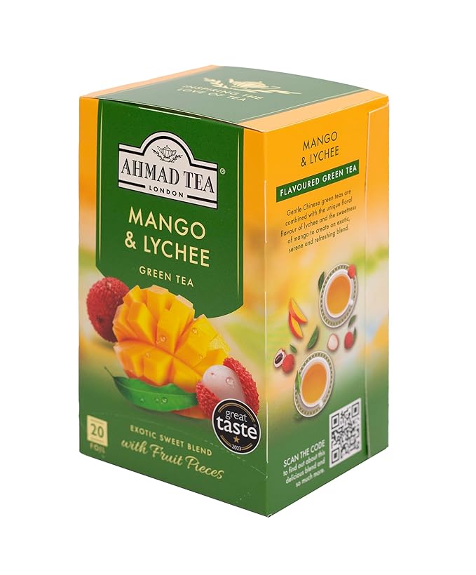 Ahmad Tea Green Tea, Mango & Lychee Teabags, 20 ct (Pack of 1) - Caffeinated & Sugar-Free - Bloomnest