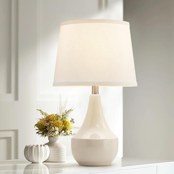 GyroVu Table Lamp Set of 2, 18.63” Ceramic Table Lamp Classic Beside Lamps Nightstand Lamp Modern Lamp for Living Room, Bedroom & Office Rocker Swtich Cream-LED Bulbs Included - Bloomnest