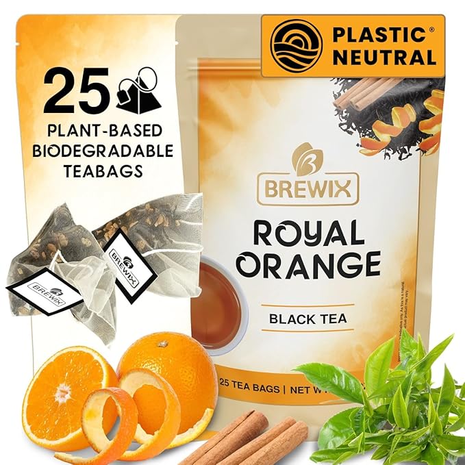 BREWIX, Royal Orange Spice Black Tea (25 Pyramid Tea Bags) | Premium Caffeinated Blend with Zesty Orange & Warming Spices | Warming Winter Blend Perfect for the Holidays | Iced Tea Bags | Sugar-Free - Bloomnest