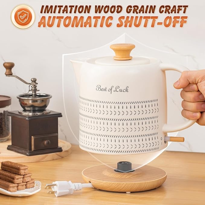 Ceramic Electric Kettle 1 Quarts, Hot Water Boiler Electric Kettles, Tea Pot with LED Light, Boil Dry Protection, Short Spout 1000W Fast Boil, Automatic Shut-off - Bloomnest