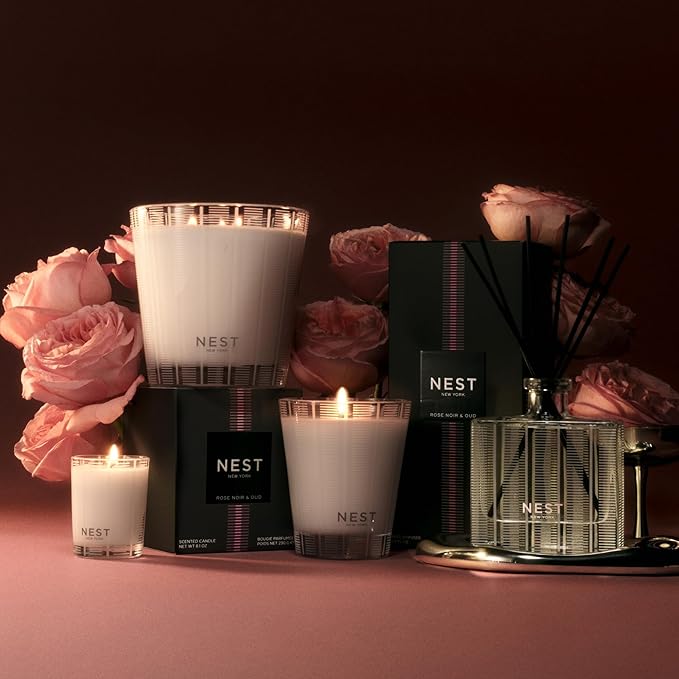 NEST New York Scented 3-Wick Candle, Rose Noir & Oud - 21.2 oz - Up to 100-Hour Burn Time - Reusable Glass Vessel - Bloomnest