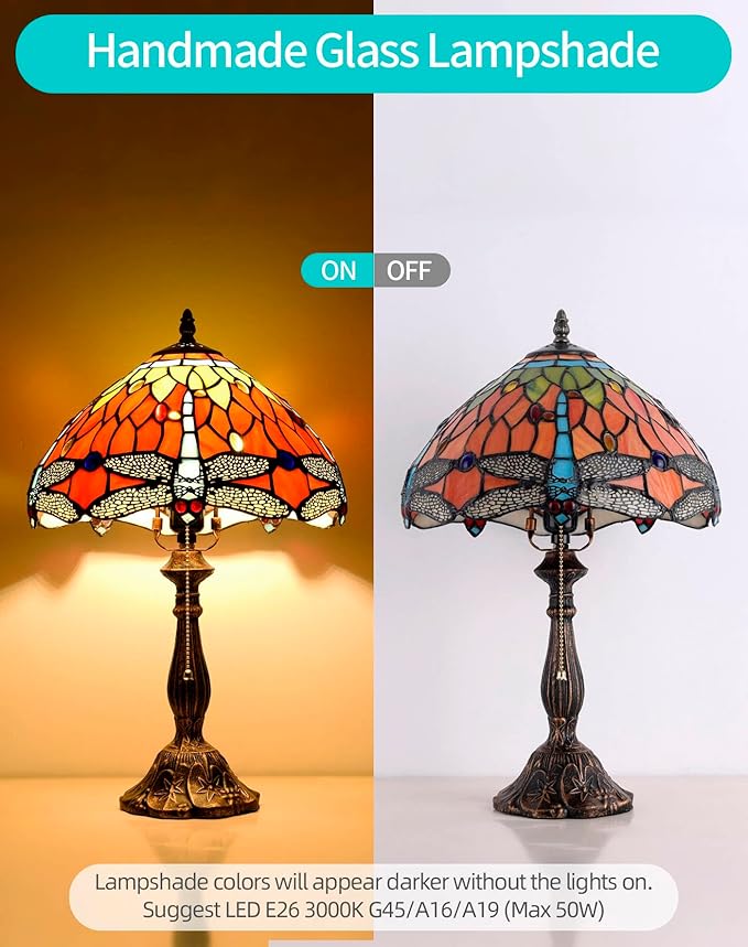 Tiffany Table Lamp, 12-inch Stained Glass Lamp for Living Room, Dining Room, Bedroom, Study Room, Office (Orange Dragonfly) - Bloomnest