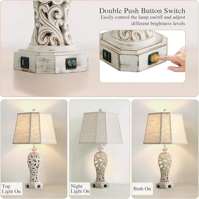 Set of 2 Rustic Table Lamps for Living Room Bedroom, Farmhouse Vintage Nightstand Lamp with 2 USB Ports, Hollow Out Resin Lamp for End Table with Nightlight, Bulbs Included (Wash White) - Bloomnest