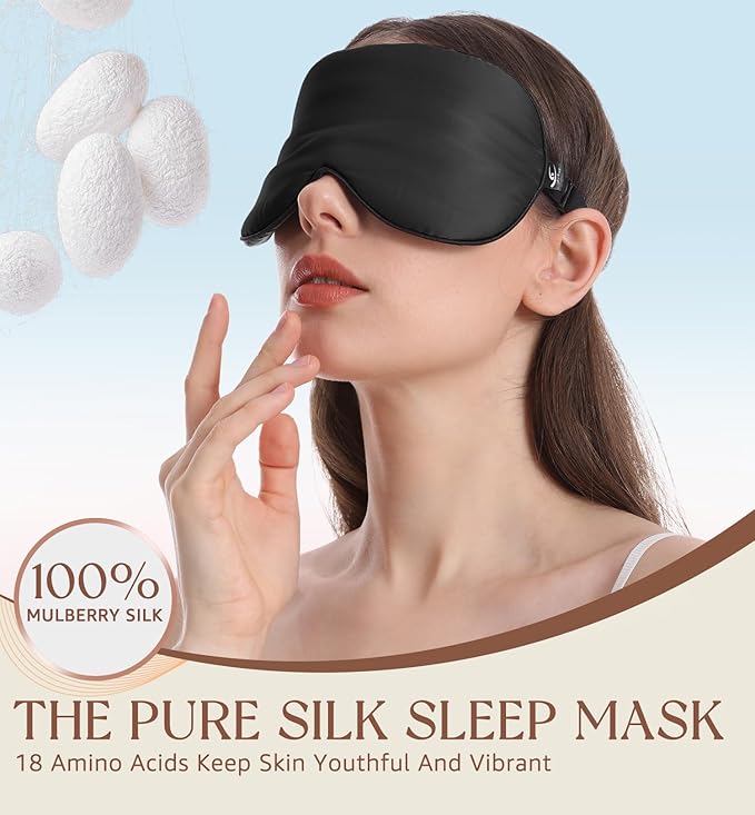 HiRui Silk Sleep Mask, 100% Natural Mulberry Silk of Double-Sided & Inner-Filling, Ultra-Smooth Soft, Adjustable Strap, Blocks Light for Night Sleeping, Travel, Office Naps (Black) - Bloomnest