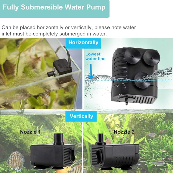 hygger Ultra Quiet 53GPH (200L/H, 3W) Submersible Mini Water Pump Comes with 2 Nozzles, for Aquariums, Fish Tank, Fountain, Hydroponics, Max Lift Height 1.7ft ,120V/60HZ, Power Cord 6ft - Bloomnest