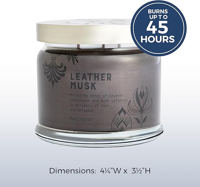 PartyLite 3-Wick Jar Candle, Highly Fragranced Clean Burning Glass Candle, 25-45 Hours Burn Time (Leather Musk) - Bloomnest