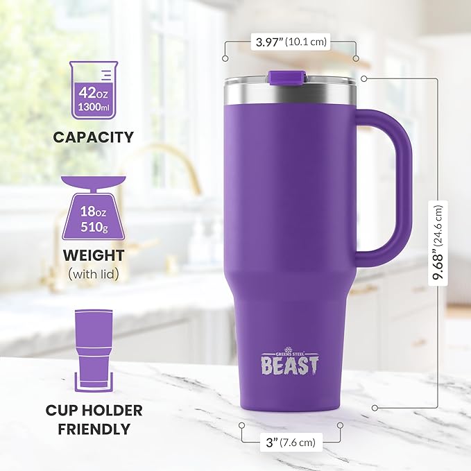 Beast 42 oz Tumbler Stainless Steel Vacuum Insulated Coffee Ice Cup Double Wall Travel Flask (Deep Purple) - Bloomnest