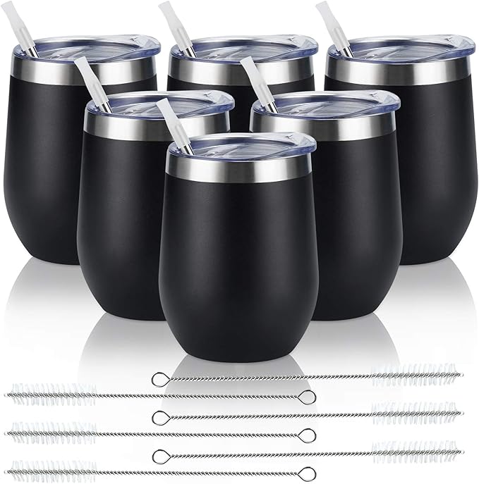 6 Pack Stainless Steel Wine Tumblers, 12Oz Insulated Wine Tumbler, Double Wall Insulated Wine Glass, Stainless Steel Stemless Wine Cups with Lids for Coffee, Wine, Cocktails, Champaign, Black… - Bloomnest