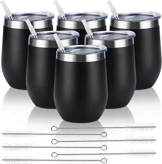 6 Pack Stainless Steel Wine Tumblers, 12Oz Insulated Wine Tumbler, Double Wall Insulated Wine Glass, Stainless Steel Stemless Wine Cups with Lids for Coffee, Wine, Cocktails, Champaign, Black… - Bloomnest