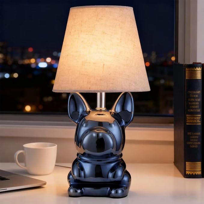Set of 2 Ceramic Table Lamp, Puppy Shape Desk Lamp Cute Bedside Lamp for Nightstand, Living Room, Bedroom, Gifts for Kids Girls, 4W LED Bulb Included, Blue - Bloomnest