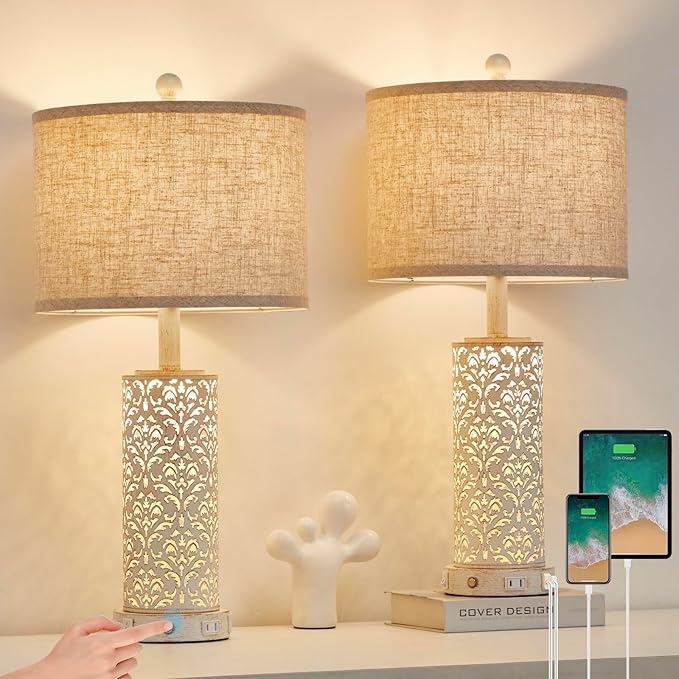 26" Set of 2 Farmhouse Table Lamp, 3-Way Dimmable Touch Control with Nightlight, 2 USB Ports + AC Outlet Vintage Rustic Bedside Lamp for Living Room Bedroom and Nightstand (White-2 Pack) - Bloomnest