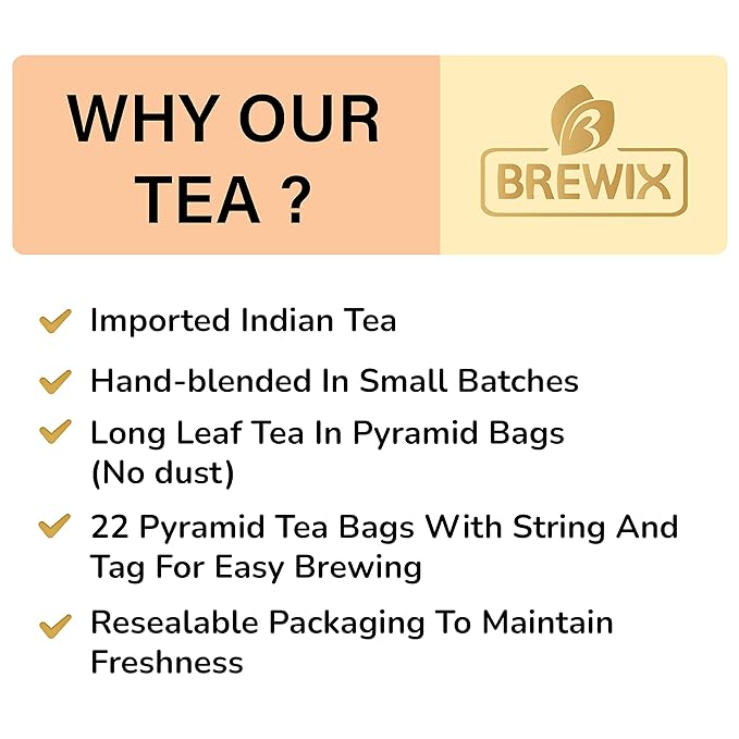 BREWIX, Darjeeling Golden Summer Tea From Himalayas (22 Pyramid Tea Bags) | High Grown in the Himalayas | Long Leaf Tea, Packed in Resealable Ziplock Pouch - Bloomnest