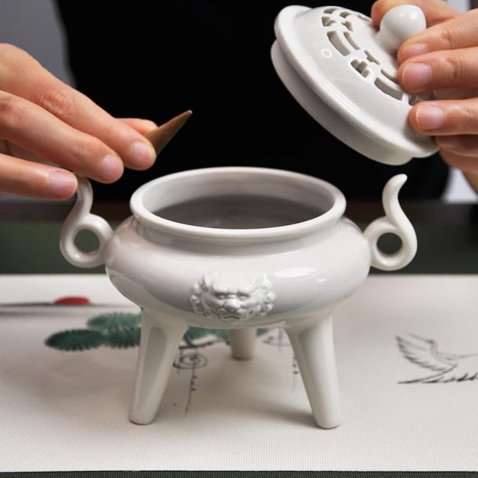 Ceramic Incense Cone Burner with Lid,Stylish Incense Holder for Coil Incense and Powder Incense,Mediation Gift,Room Decor(White) - Bloomnest