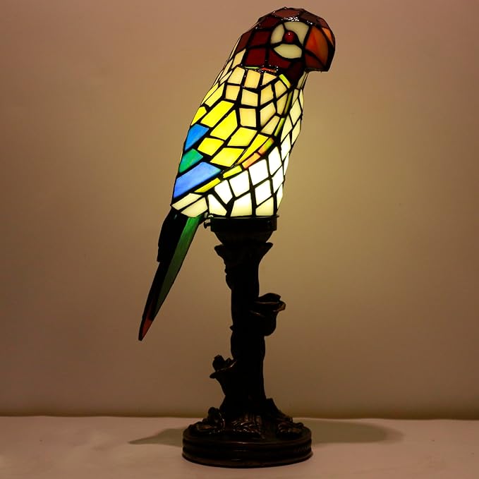 Small Tiffany Lamp Parrot Table Lamp Stained Glass Accent Lamp 15.3 Inch Tall Mini Desk Bedside Night Light for Kids Bedroom (White) - Bloomnest