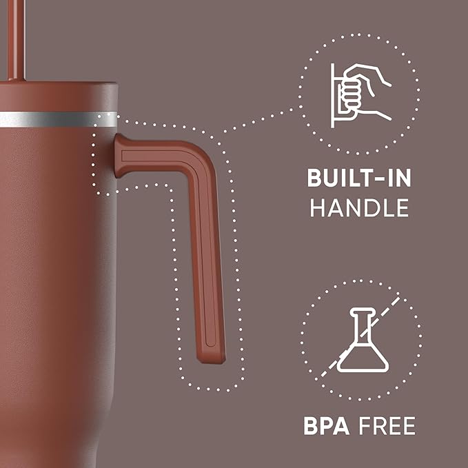 Hydrapeak Voyager 40 Oz Stainless Steel Tumbler with Handle, Insulated Water Bottle With Straw & Lid, Cupholder Friendly Reusable Travel Mug (Gingerbread) - Bloomnest