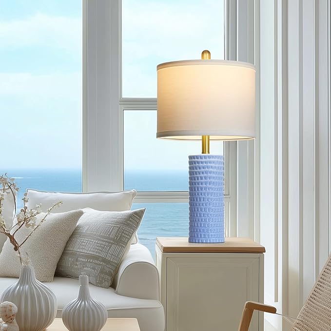24.5" Table Lamp Set of 2, Modern Ceramic Bedside Lamps for Night Stands, Classic Small Lamp Nightstand Lamp for Bedroom Living Room Desk End Table Rotary Switch Blue - Bloomnest