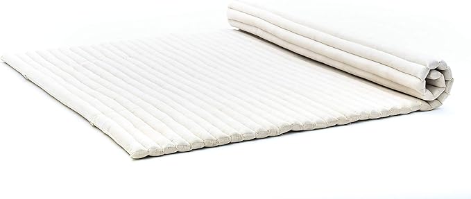 Leewadee - Foldable Floor Mattress - Japanese Roll Up Futon -Trifold Tatami Mat- Guest Floor Bed - Camping Mattress - Thai Massage Mat, Kapok Filled, 75 x 57 inches, Ecru - Bloomnest