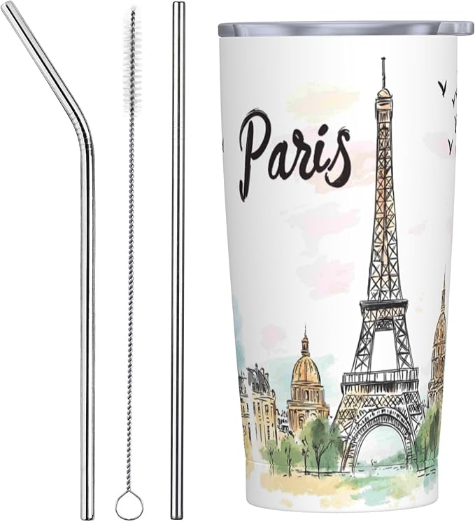 Paris Eiffel Tower Tumbler with Lid and Straw 20 oz Stainless Steel Cup Insulated Tumbler Coffee Mug for Home Office or Car Christmas Birthday Gifts - Bloomnest