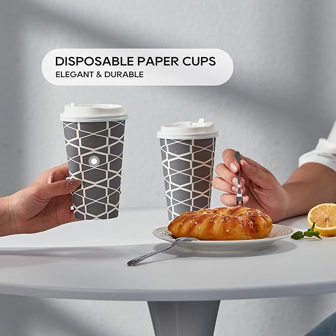 JOLLY PARTY Disposable Coffee Cups with Lids -16 oz (100 Sets) To Go Cups, Paper Coffee Cups for Beverages Espresso Tea, Suitable for Cafes, Offices and Home - Bloomnest