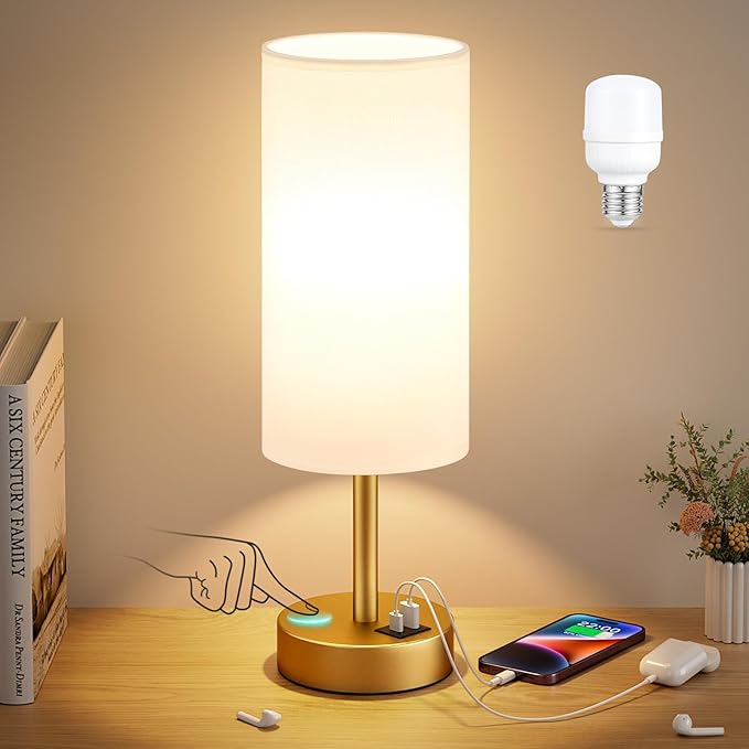 Dicoool Small Touch Bedside Lamp with USB - 3 Way Dimmable Table Lamp for Bedroom, Nightstand Lamp with Gold Charging Station for Desk Dorm, Office - Bloomnest