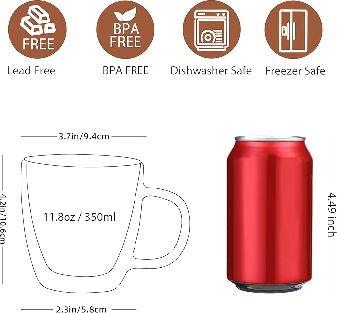 CNGLASS Double Wall Glass Coffee Mugs 12 oz,Insulated Glass Coffee Cups with Handle,Clear Espresso Mugs for Cappuccino,Latte,Tea Bags,Hot and Cold Beverages,Set of 2 - Bloomnest