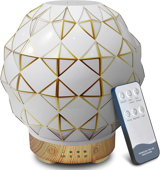Essential Oil Diffuser, 100ML Handcrafted Glass Aromatherapy Diffuser with 7 Color LED Lights, Remote Control, Cool Mist Humidifier, Timed Mist, Auto Shut-Off (White) YOUENKITY