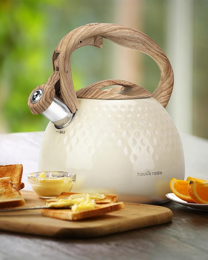 Tea Kettle Stovetop Teapot, 2.5 Quart Loud Whistle Food Grade Stainless Steel and Smooth Wood Pattern Handle, Sophisticated Look for Hiking, Picnic, for Tea, Coffee Milky White - Bloomnest