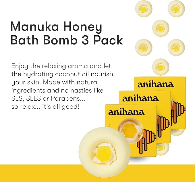 ANIHANA Bath Bombs with Coconut Oil, Paraben Free, Hand-Crafted Luxury Fizzers, Refreshing Manuka Honey Scent, 6.3 oz Each, 3 Pack - Bloomnest