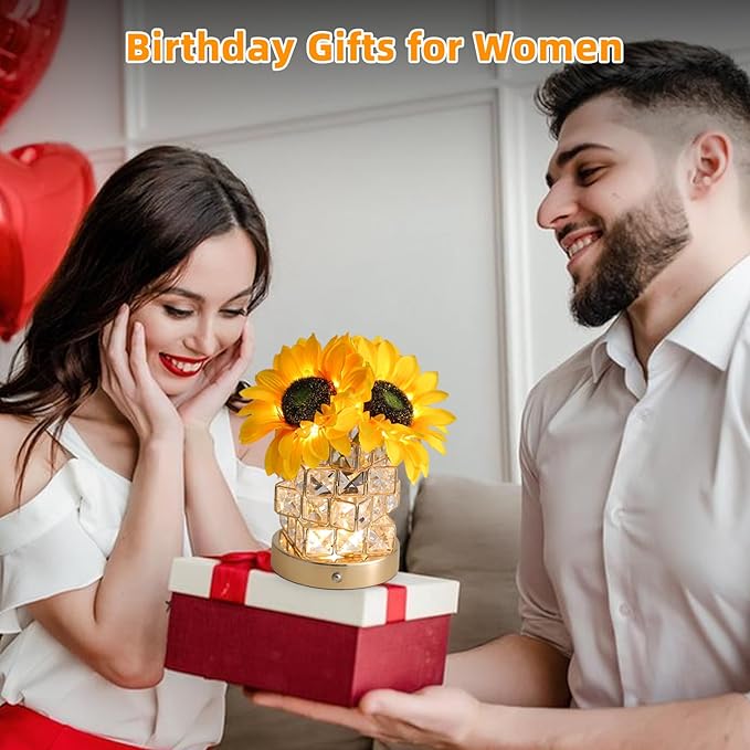 Birthday Gifts for Women,Sunflower Flower Touch Lamp,Rechargeable Cordless 3-Colour Dimming Small Night Light for Festival,Restaurant,Bedroom Housewarming Gifts for Mom - Bloomnest