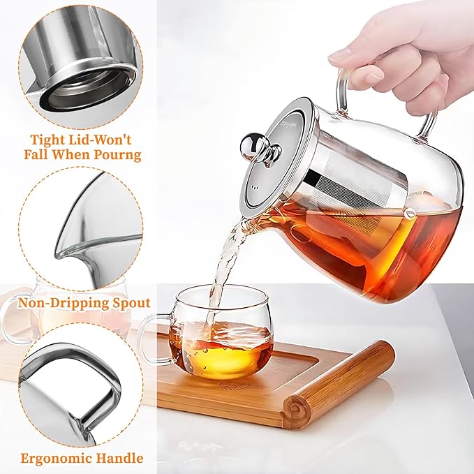Glass Teapot with Stainless Steel Infuser, Borosilicate Tea Kettle, Clear Tea Maker for Loose Leaf Tea (550ML)