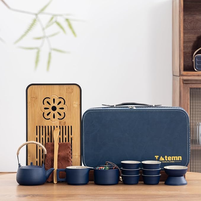 Travel tea set,Portable ceramic tea set,Chinese tea set,Tea sets for adults,Tea pot sets,Portable Travel Bag,Home,Gifting,Outdoor and Office,茶具 (Blue) - Bloomnest
