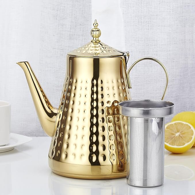 SANQIAHOME 1.8L(60oz) Stainless Steel Hammer Patterned Teapot With Removeable Infuser,Loose leaf cover,Gold - Bloomnest