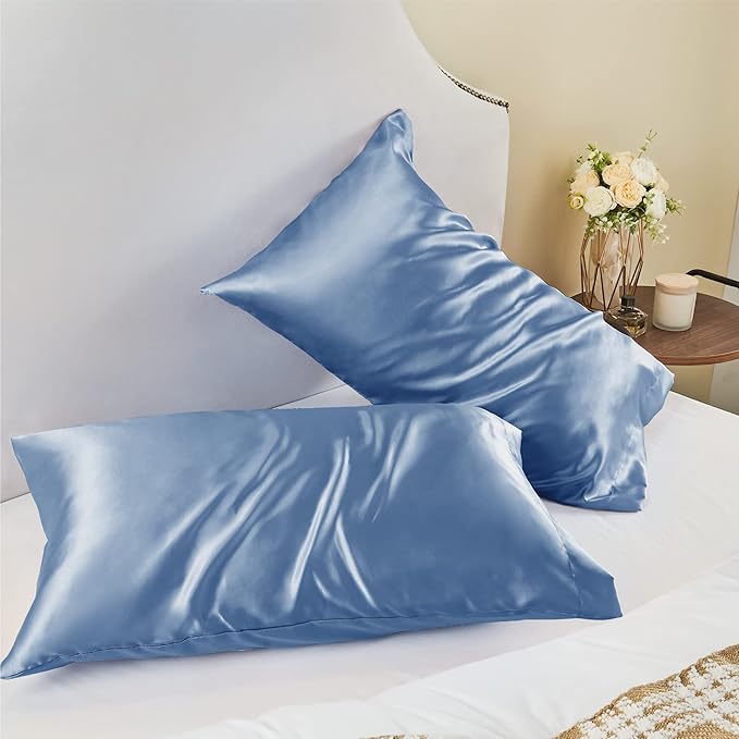 BEDELITE Satin Pillowcase for Hair and Skin, Super Soft and Cooling Similar to Silk Pillow Cases 2 Pack with Envelope Closure, Gift for Women Men(20"x26" Standard Size, Airy Blue) - Bloomnest