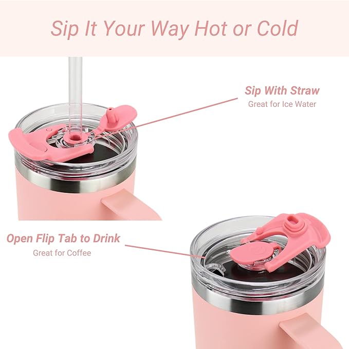 Drinco 40oz 30 oz Tumbler with Handle, Straw Lid, Insulated Stainless Steel Travel Mug Water Bottle Ice Coffee Cup For Cold and Hot, BigSur (30oz Peach)