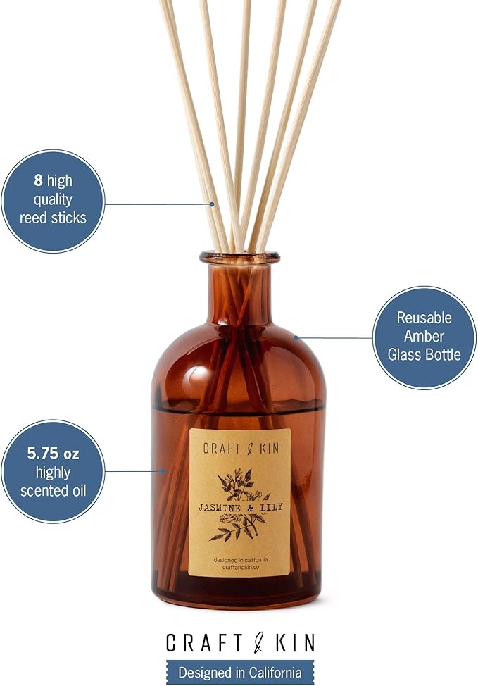 Craft & Kin Lily & Jasmine Diffuser Reed Diffuser | All Natural Essential Oil & 8 Rattan Scent Sticks | Reed Diffusers for Home, Bathroom | Long Lasting Home Fragrance in Amber Glass, 5.75oz CraftKin