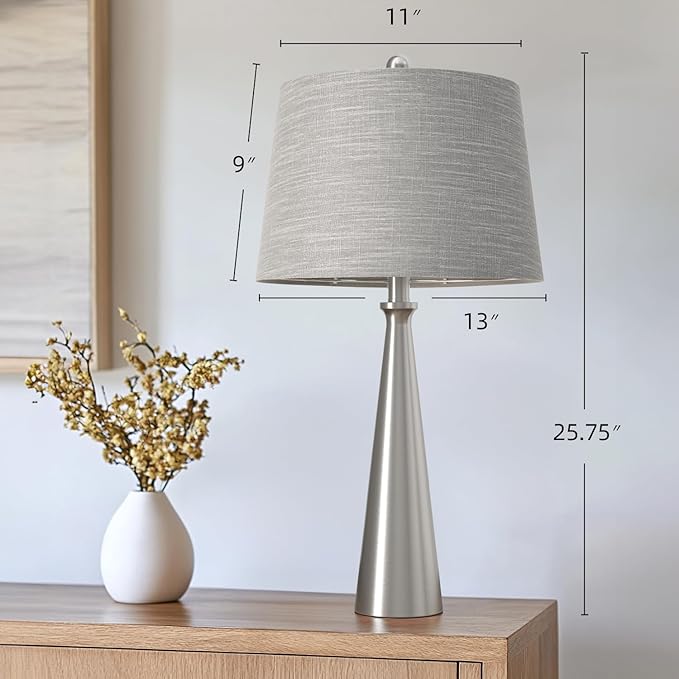 Oneach 25.75" Modern Table Lamp Set of 2, Bedside Lamps with USB Ports, Silver Nightstand Lamps Set for Living Room Bedroom House Bedside Home Office Family - Bloomnest