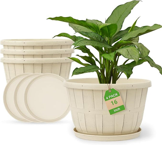 Quarut Plant Planters Pots Set of 4 Pack 16 Inch，Large Plastic Flower Pot for Indoor Plants with Drainage Holes & Trays, Whiskey Barrel Planters with Saucer for House Outdoor Garden Plant（White） - Bloomnest