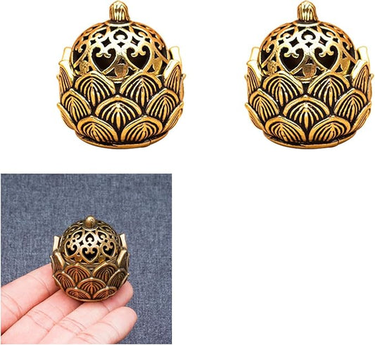 2 Pcs Mini Brass Lotus Flower Incense Holder, Calligraphy Style Closed Incense Burner Desktop Ornament Ash Catcher with Lid for Bedroom Kitchen Teahouse Office Home Decor Yoga Spa Madiation - Bloomnest