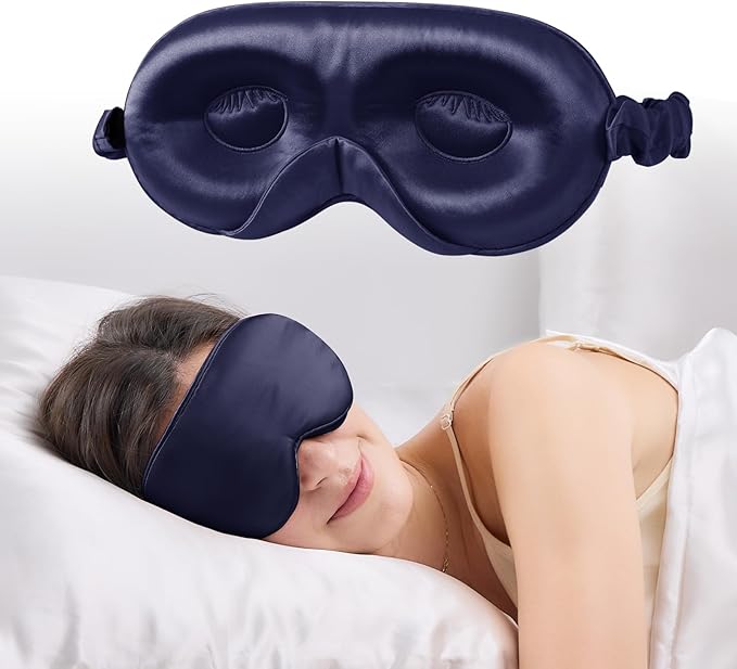 100% 22 Momme Mulberry Silk Sleep Mask with Adjustable Strap, 3D Contoured Cup Silk Eye Mask for Sleeping, Total Black Out, Navy Bule - Bloomnest
