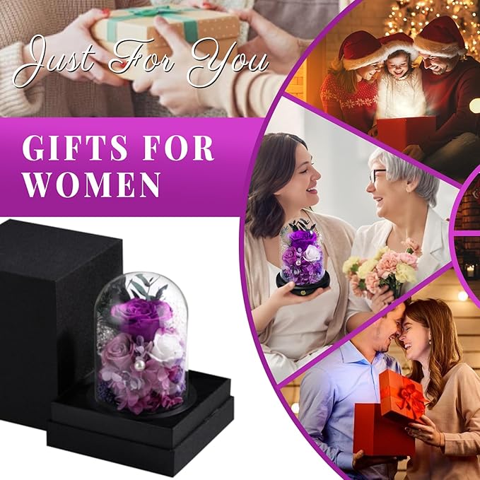 FIACO Gifts for Women Preserved Rose Forever Flower in Glass Dome Fresh Flowers for Delivery Prime Mothers Day Birthday Gifts for Mom Grandma Wife Sister Purple Roses - Bloomnest