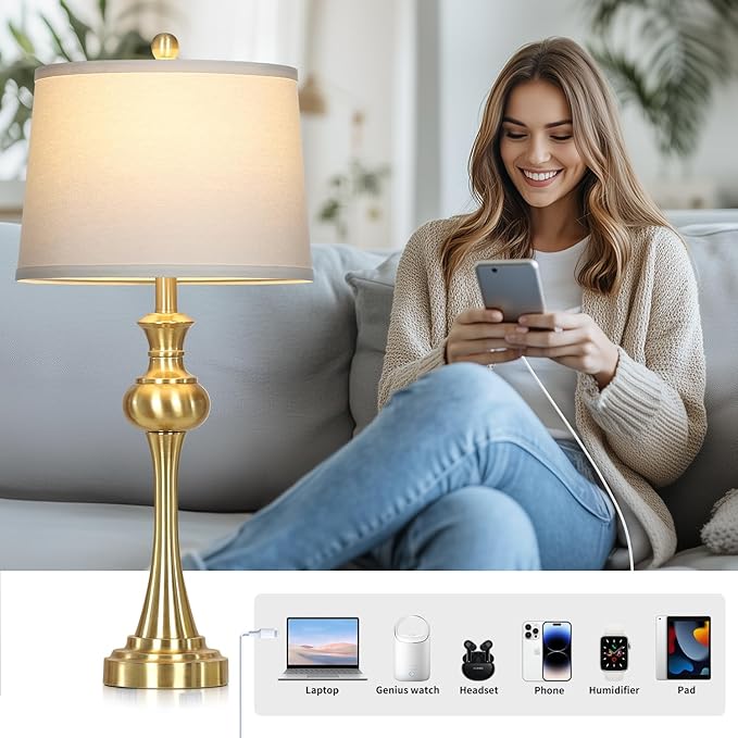28.75" Gold Table Lamps for Living Room,Touch Lamps for Bedrooms Set of 2 - Nightstand Table Lamp with USB C+A, 3 Way Dimmable Bedside Lamps End Tables, Antique Brass - Bloomnest