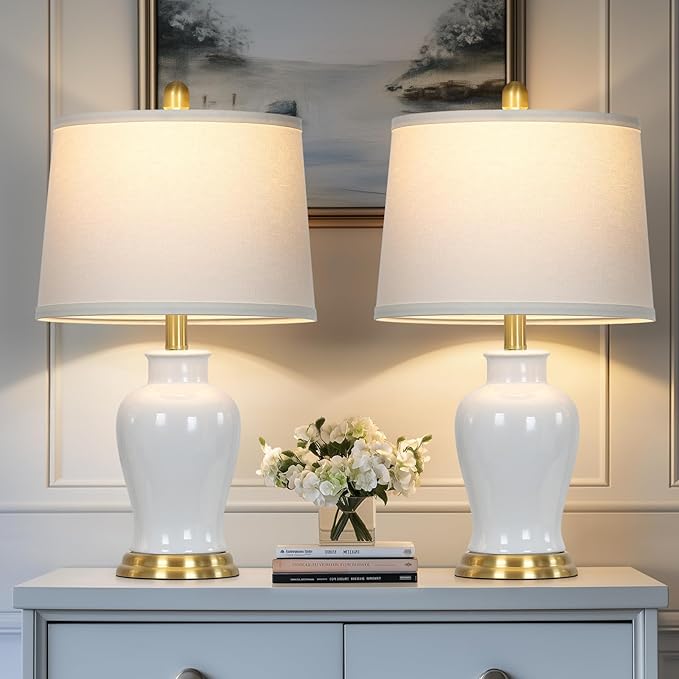 Modern Ceramic Table Lamps Set of 2, 23" White Ceramic Lamps for Living Room, Rustic Farmhouse Bedside Lamp with Ginger Jar Design, Elegant Bedroom Lamp for Nightstand Desk Side End Table Home Decor - Bloomnest