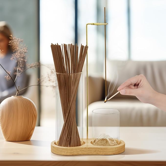2-in-1 Walnut Wood Glass Incense Holder for Sticks, Anti-Ash Flying Incense Burner with Glass Ash Catcher & Incense Storage, Incense Stick Holder for Meditation, Yoga, Spa, and Home Decor - Bloomnest